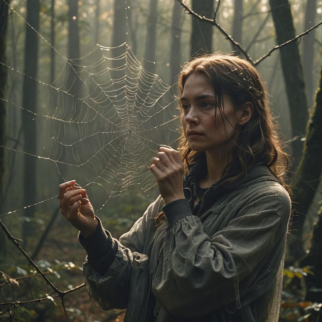 Woman Unweaving Spiderweb in Misty Forest