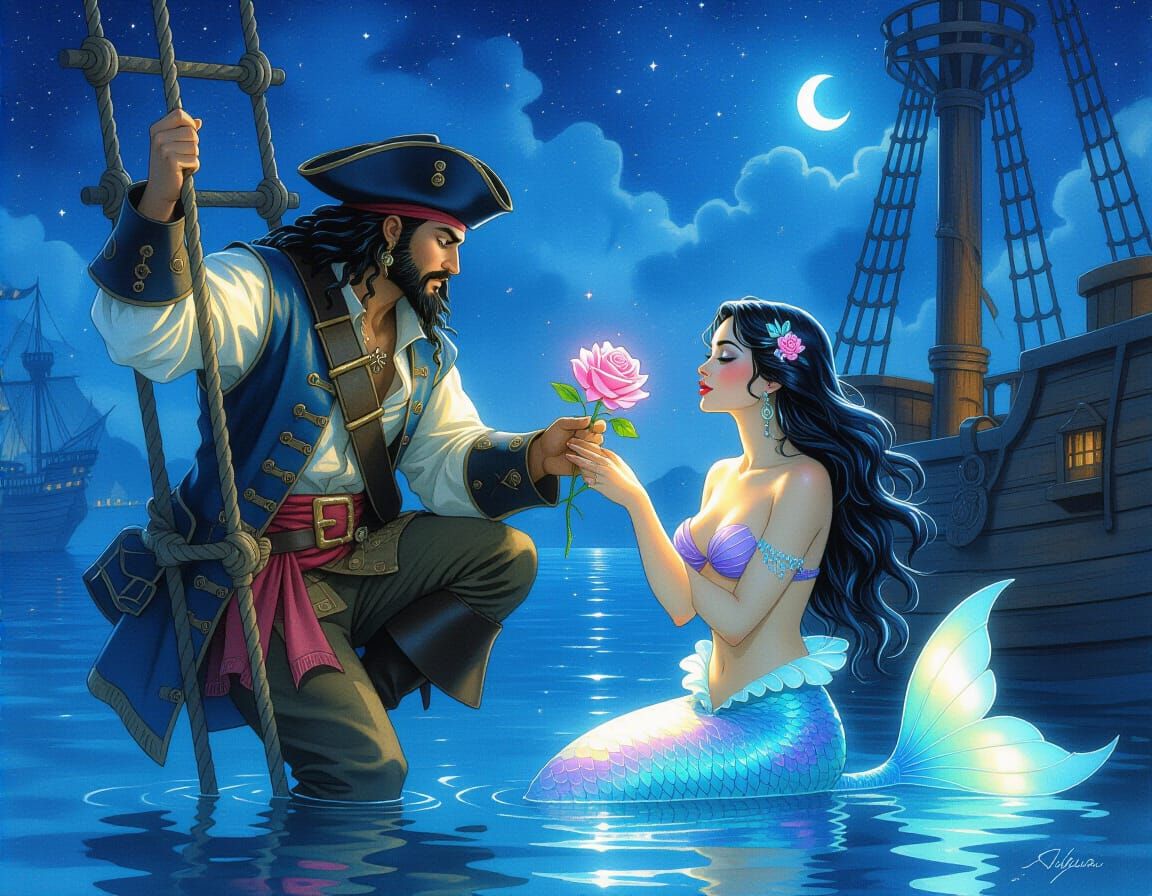 Pirate and Mermaid Fantasy Art in Watercolor Style