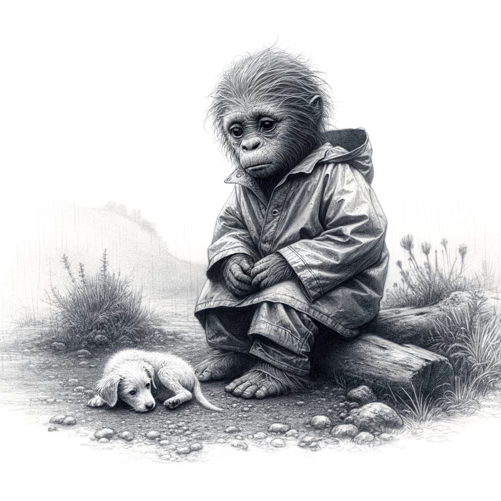 Melancholy Sasquatch with Puppy: Pencil Sketch