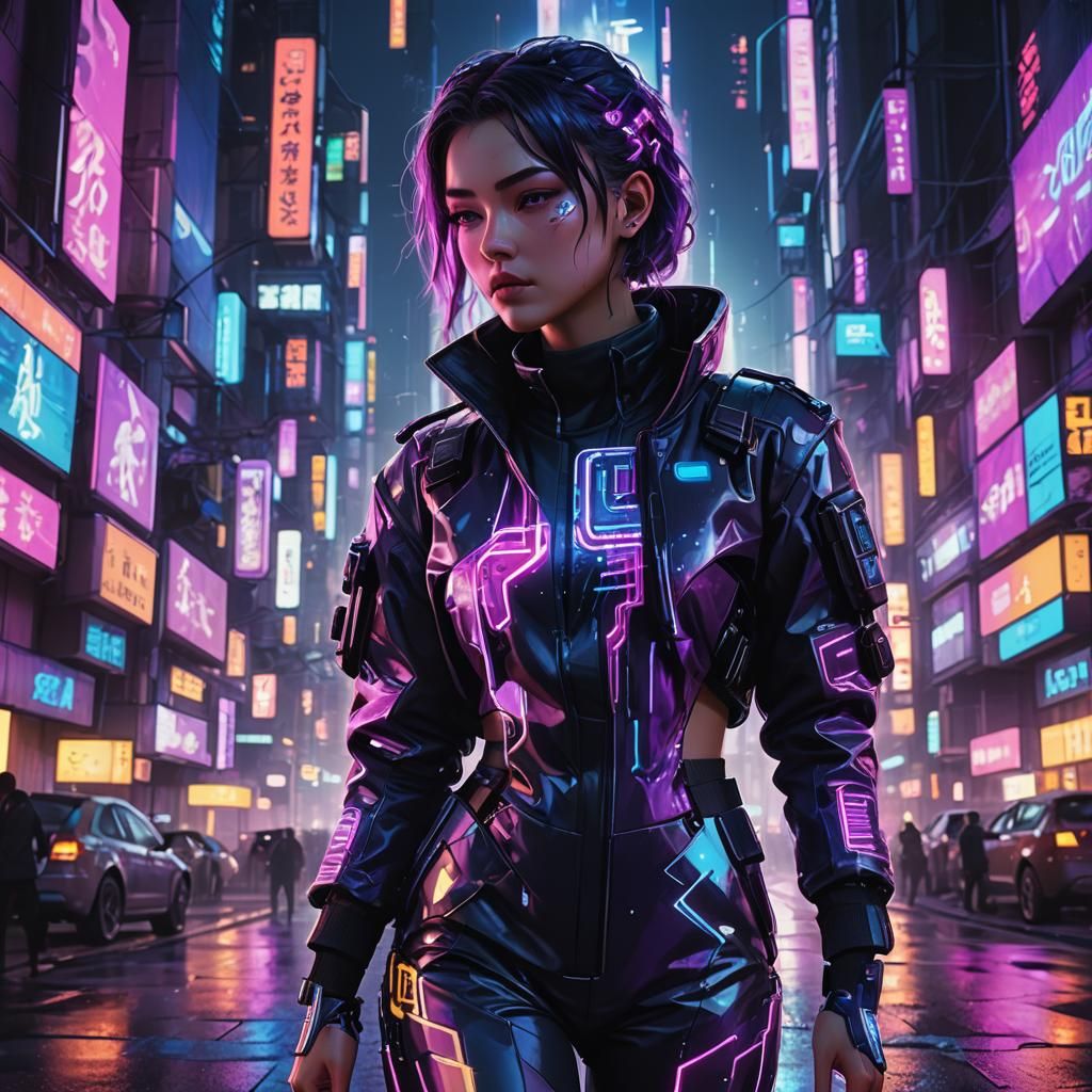 Cyberpunk Woman in Neon City: 3D Anime Art
