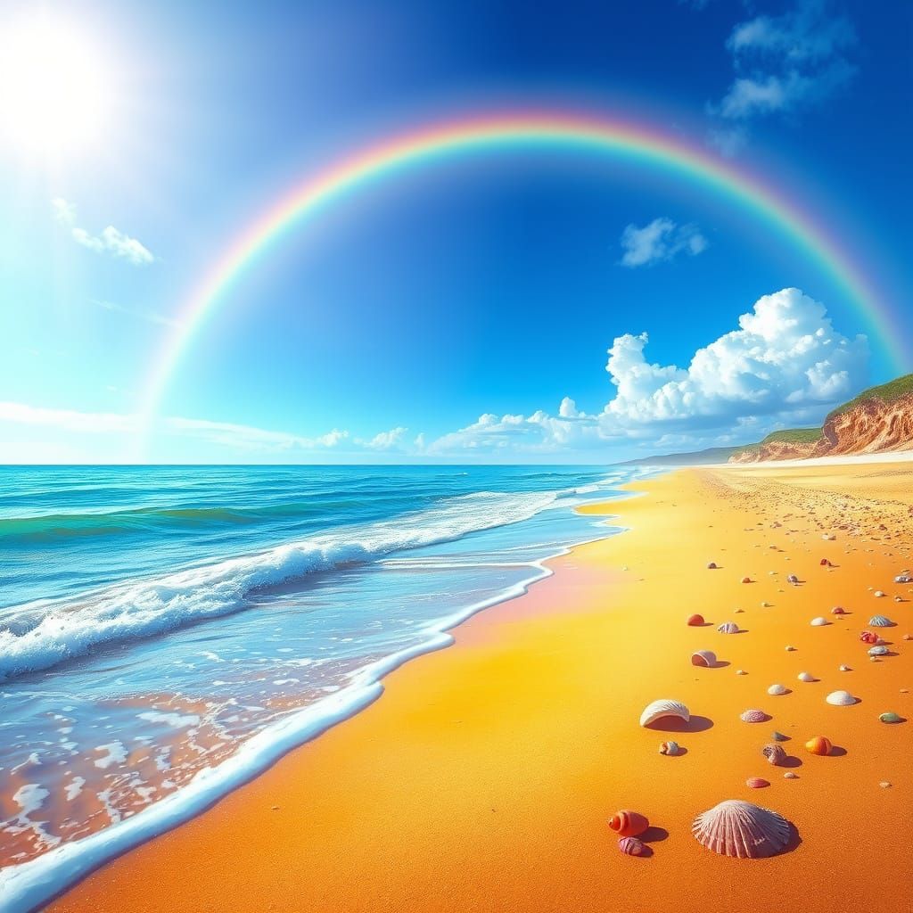 Serene Beach Rainbow Landscape in Hyperrealistic Style