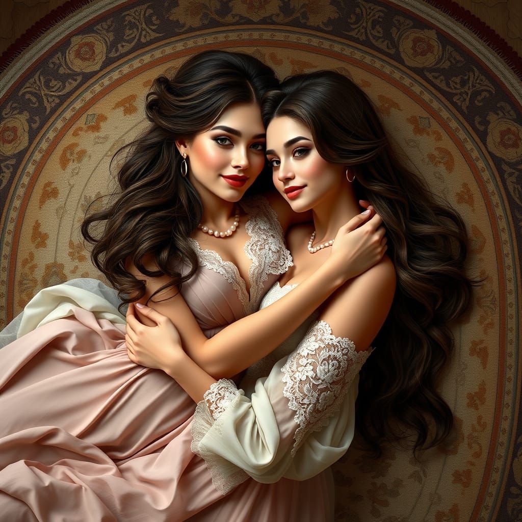 Two Women Embracing in a Whimsical, High-Contrast Scene