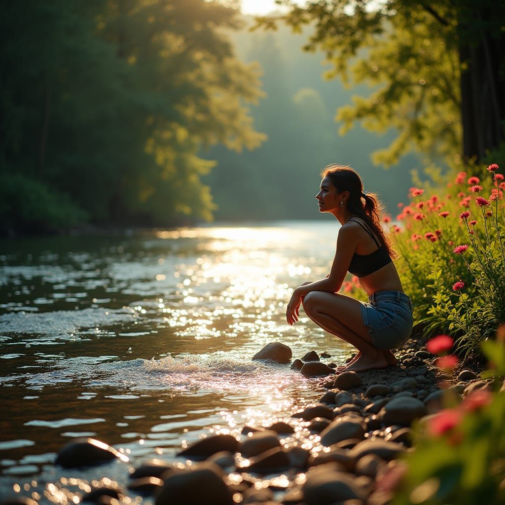 Woman by Riverbank in Serene Landscape Photography