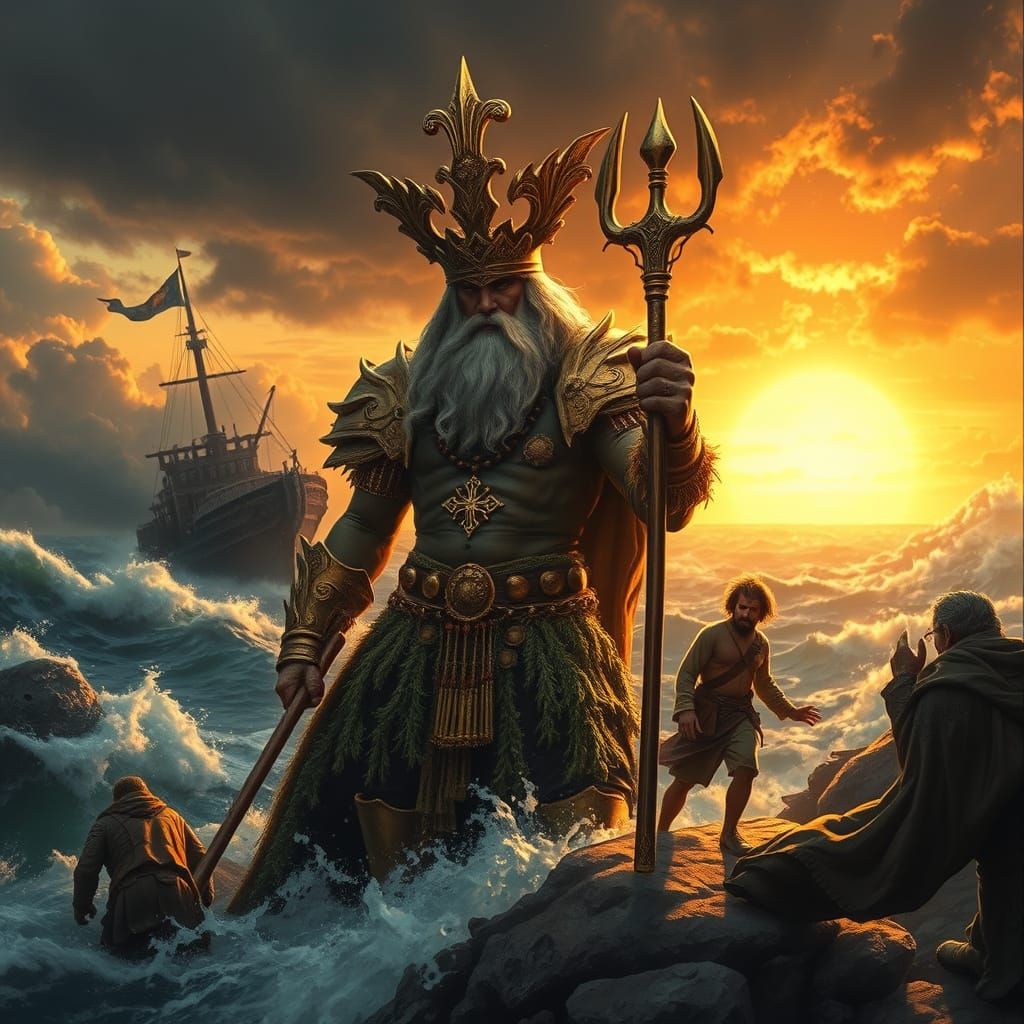 Majestic King Neptune Accuses a Weary Sailor in a Stormy Sea...
