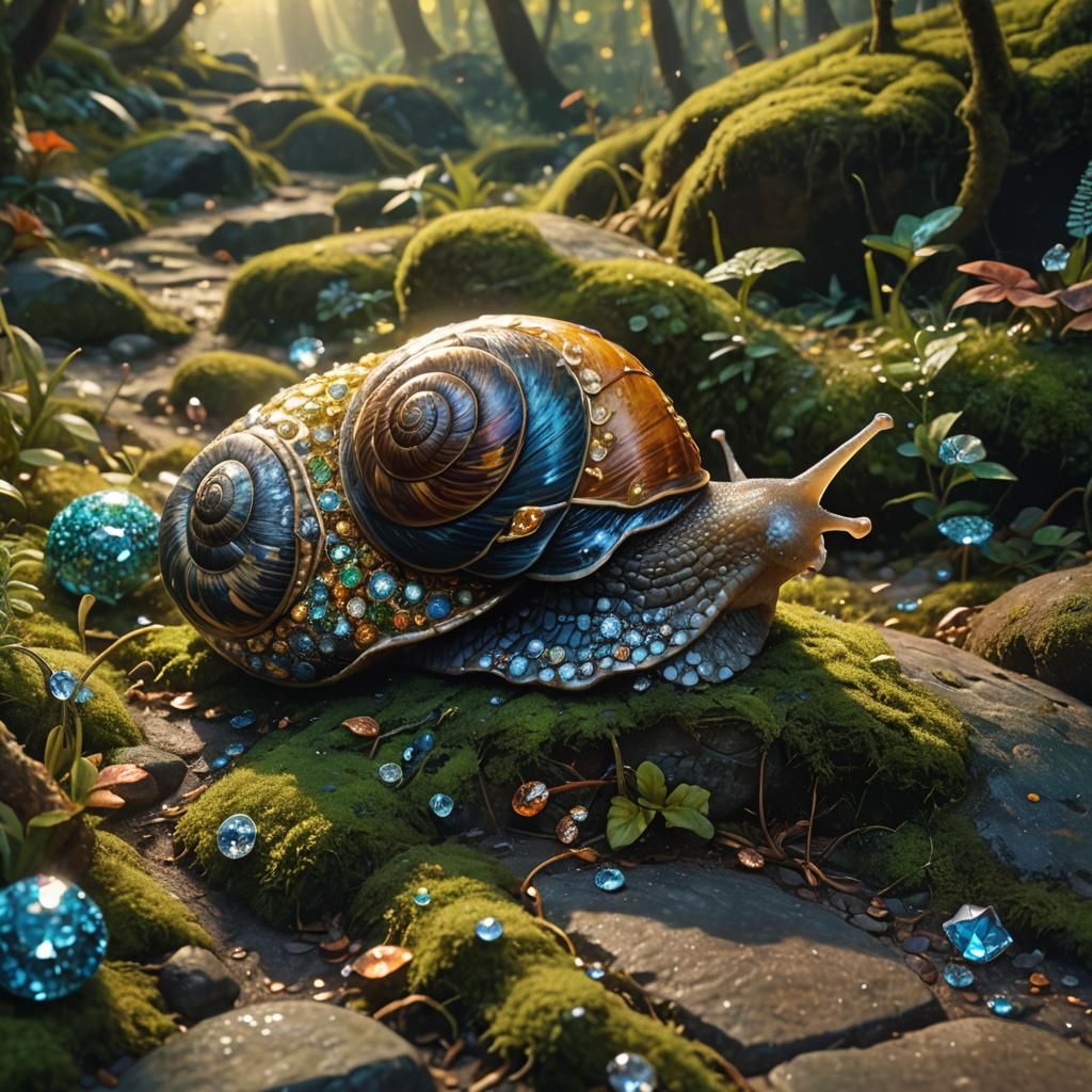 Diamond Snail on Mossy Path: Fantasy Concept Art