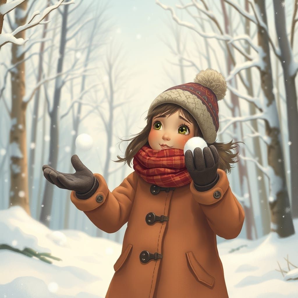 Leila's Winter Snowball Fight: A Whimsical Forest Scene