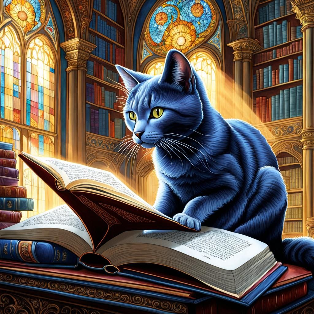 Winged Cat Reads in a Magical Library