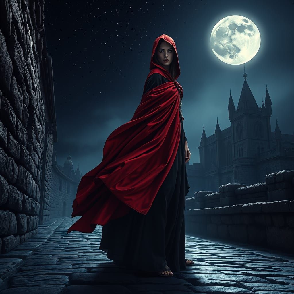 Mysterious Woman in Moonlit Medieval Scene