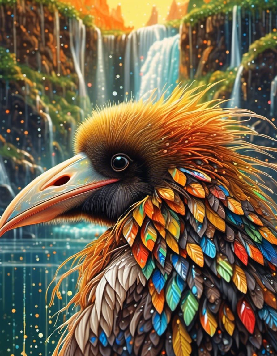 Kiwi Bird with Waterfall: Hyperrealistic Concept Art