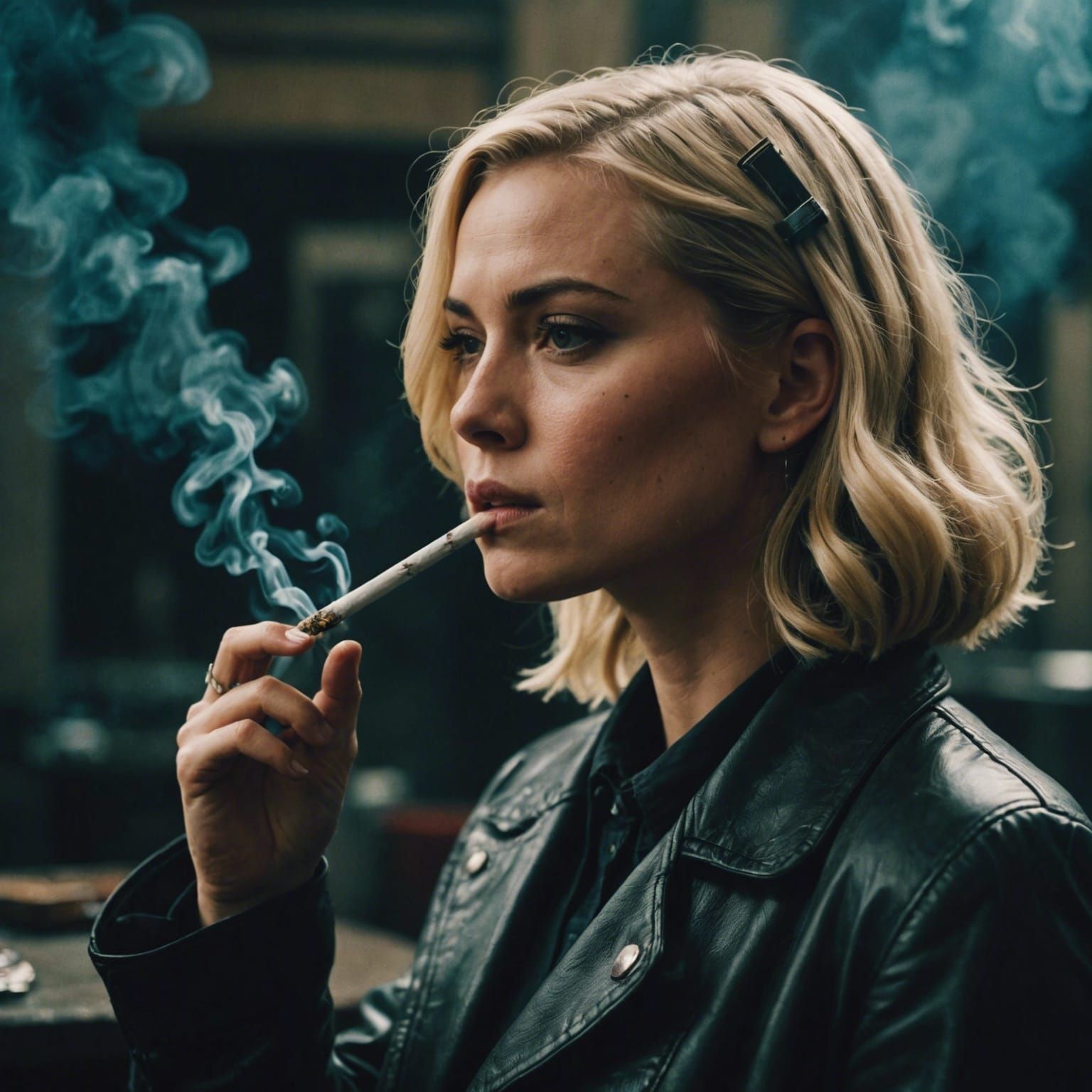 Blonde Woman Smoking: Cinematic Film Still