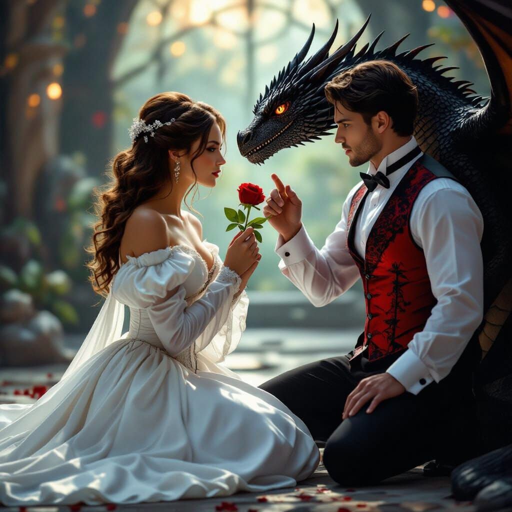 Princess and Dragon's Intense Stare in Dramatic Lighting