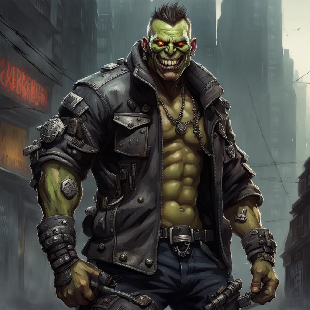 Grinning ork Shadowrunner; armoured jacket