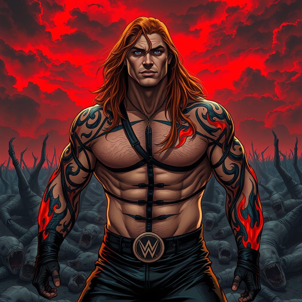 Ginger Wrestler with Flame Tattoos in Dark Fantasy Art