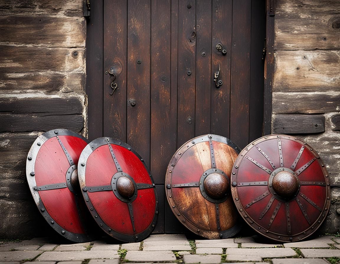 Battered Anglo Saxon Shields Against Aged Door