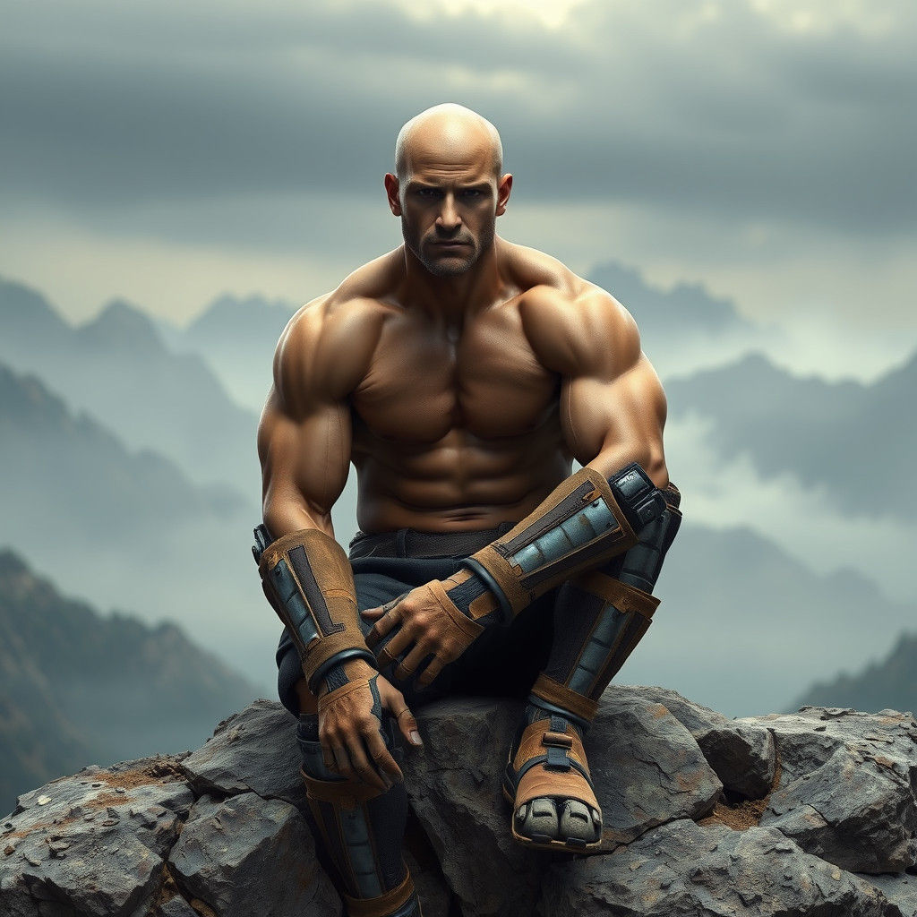 Determined Bald Man with Prosthetic Limbs, Gritty Art