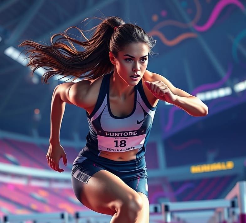 Young Female Athlete Leaping Over Hurdles in Track and Field...