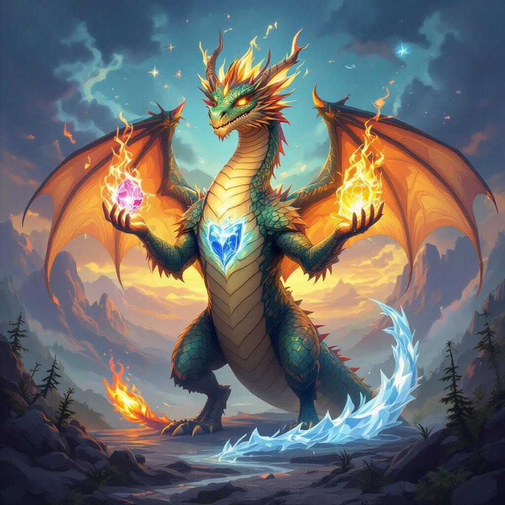 Majestic Elemental Dragon Holds Five Power Stones