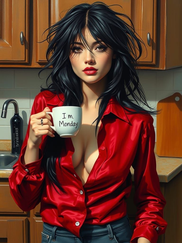 Woman with Coffee in Kitchen, Oil Painting Style
