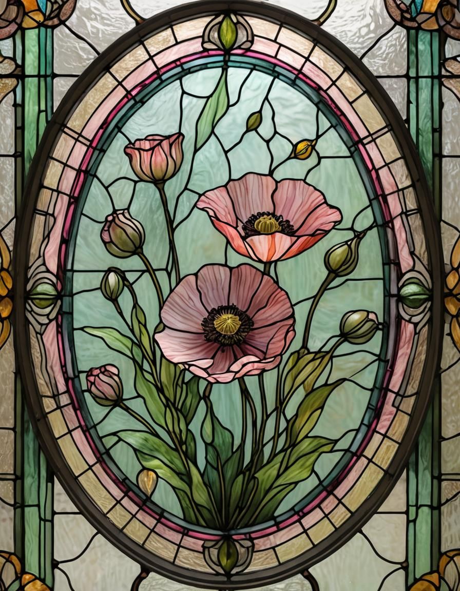 Pink Anemone in Stained Glass Art Nouveau Style