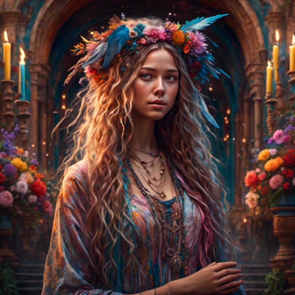 Bohemian Woman Casting Magic in a Vibrant Courtyard