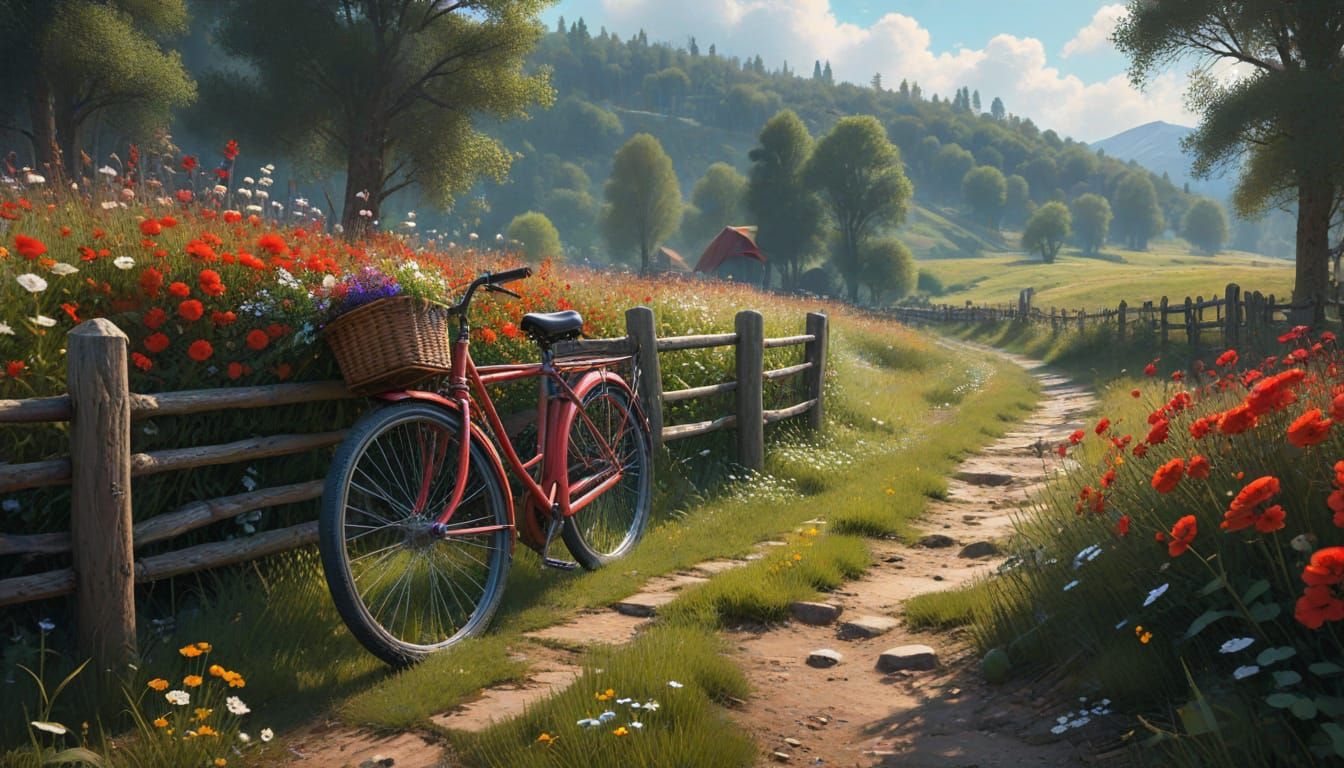 Surreal Landscape with Vibrant Wildflowers and Abandoned Bic...