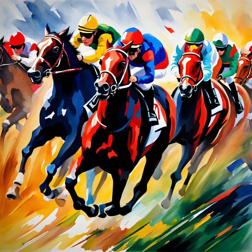 Horse Race in Gouache Style Watercolor