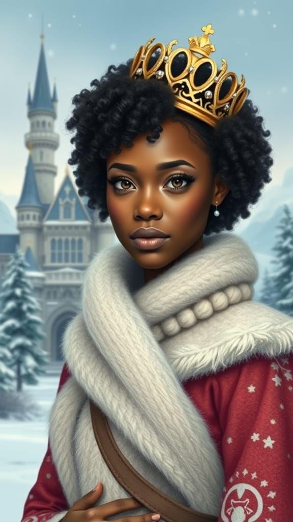 African Princess in Winter Castle Landscape
