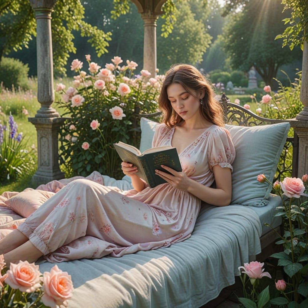 Serene Meadow Scene with Couple Reading in Gazebo