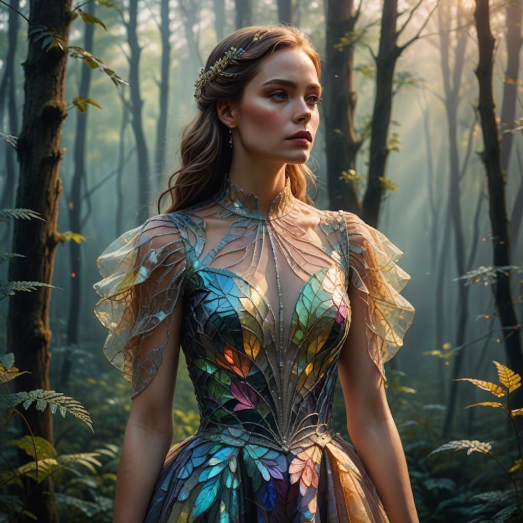 Surreal Iridescent Goddess in Vibrant Forest