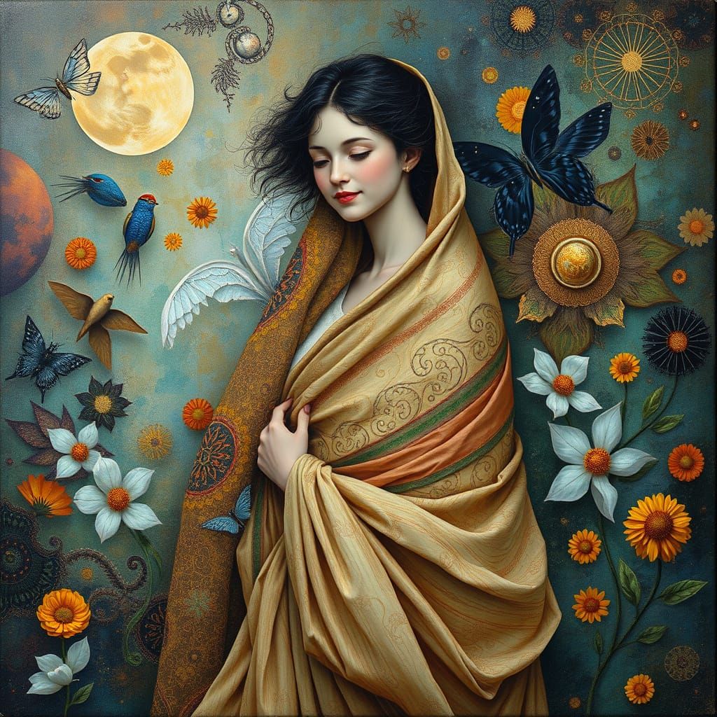 Dreamlike Figure in Vibrant, Cosmic Landscape