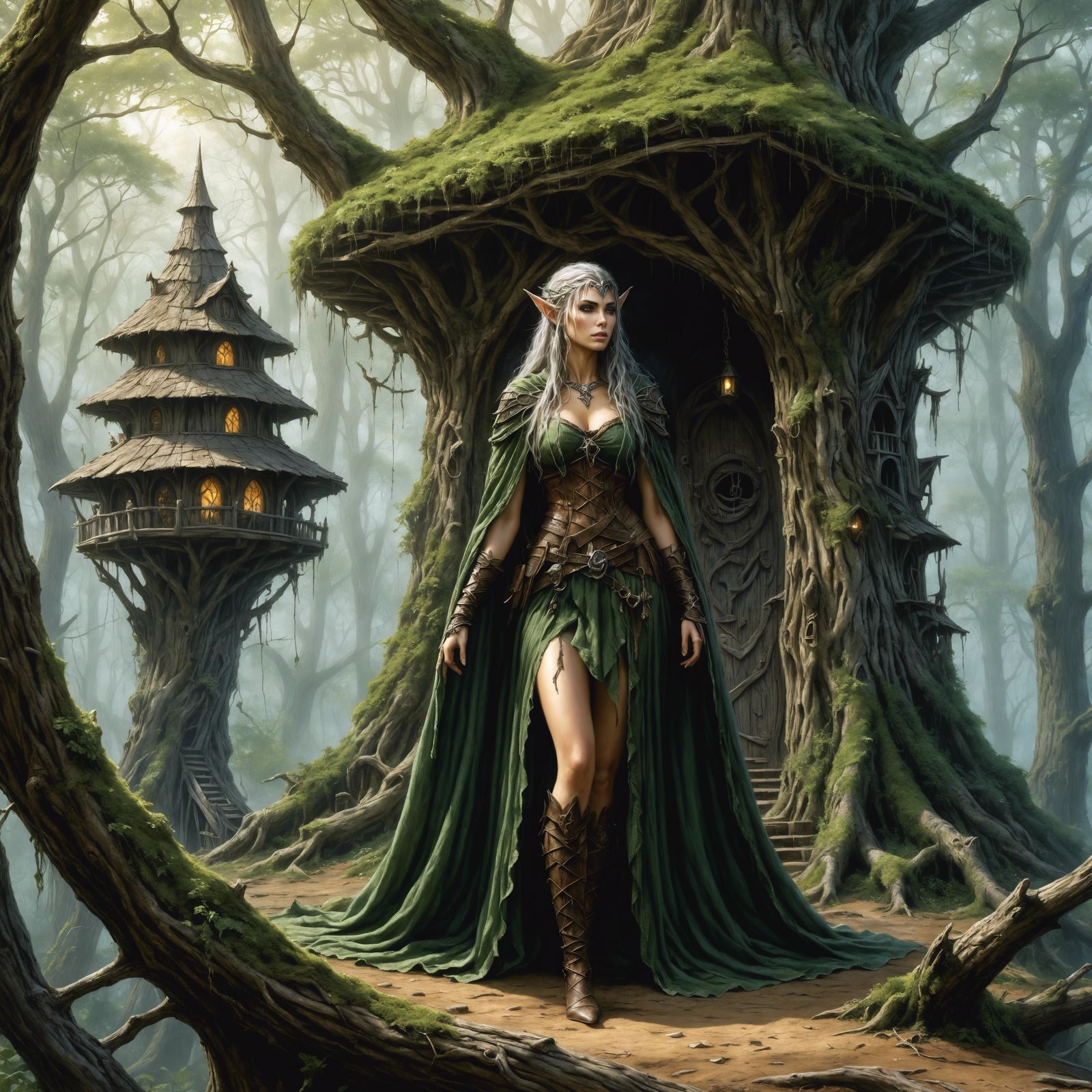 Mystical Wood Elf Treehouse Illustration in Comic Book Style