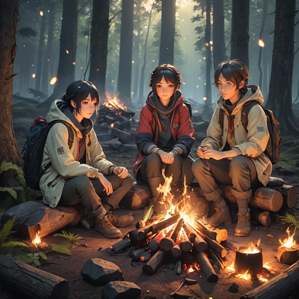 Anime Campfire Scene in Forest, 3D Rendered