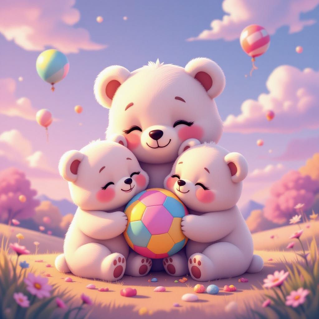 Cute Bears Hugging Pastel Balloons in Kawaii Sky