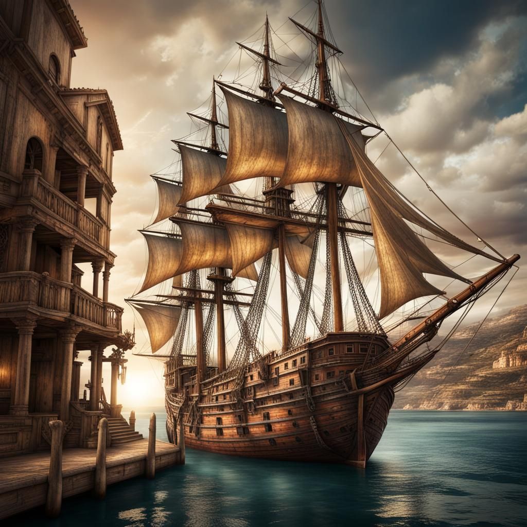 Mediterranean Harbour Scene with Old Sailing Ship