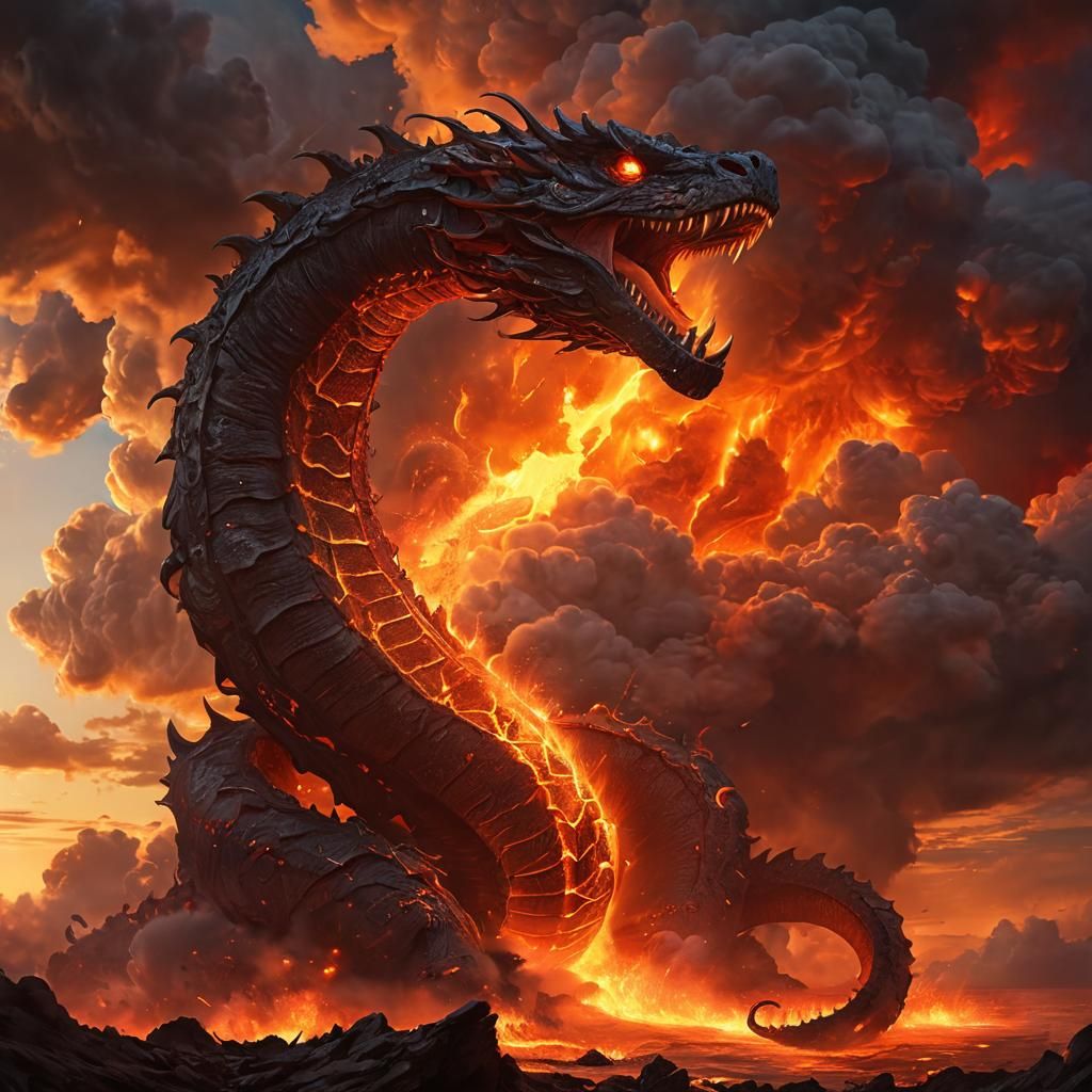Fiery Lava Serpent Ascends to Sky: Digital Art