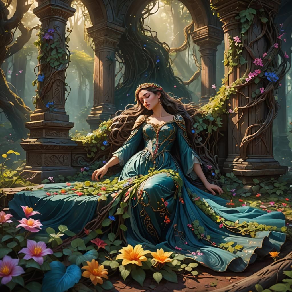 Sleeping Princess in Mystical Forest: Oil Painting