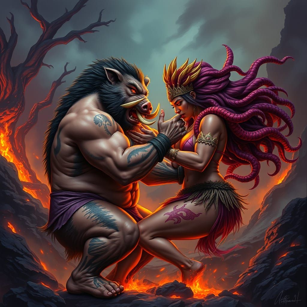 Hawaiian Trickster God Kamapua'a Wrestles Goddess Pele in An...