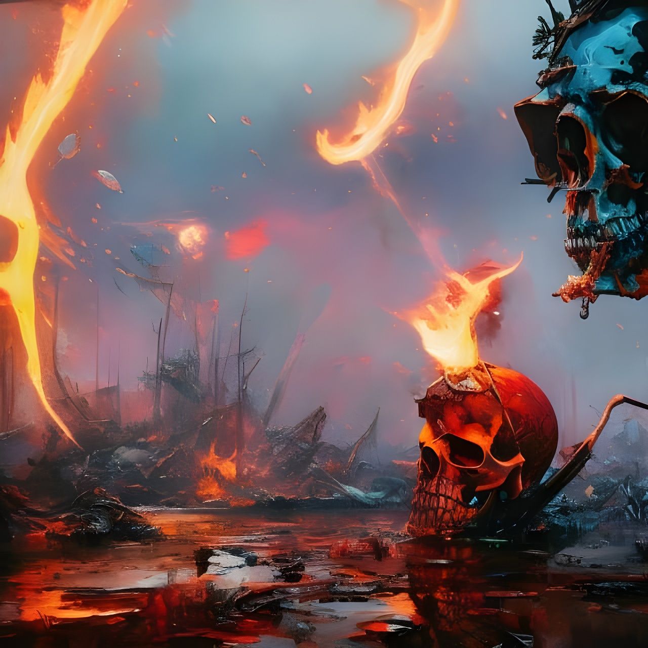 Hyperdetailed Flaming Skull in Oil Splash Style
