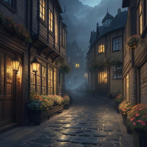 Victorian London Alley with Gaslight in Fantasy Style