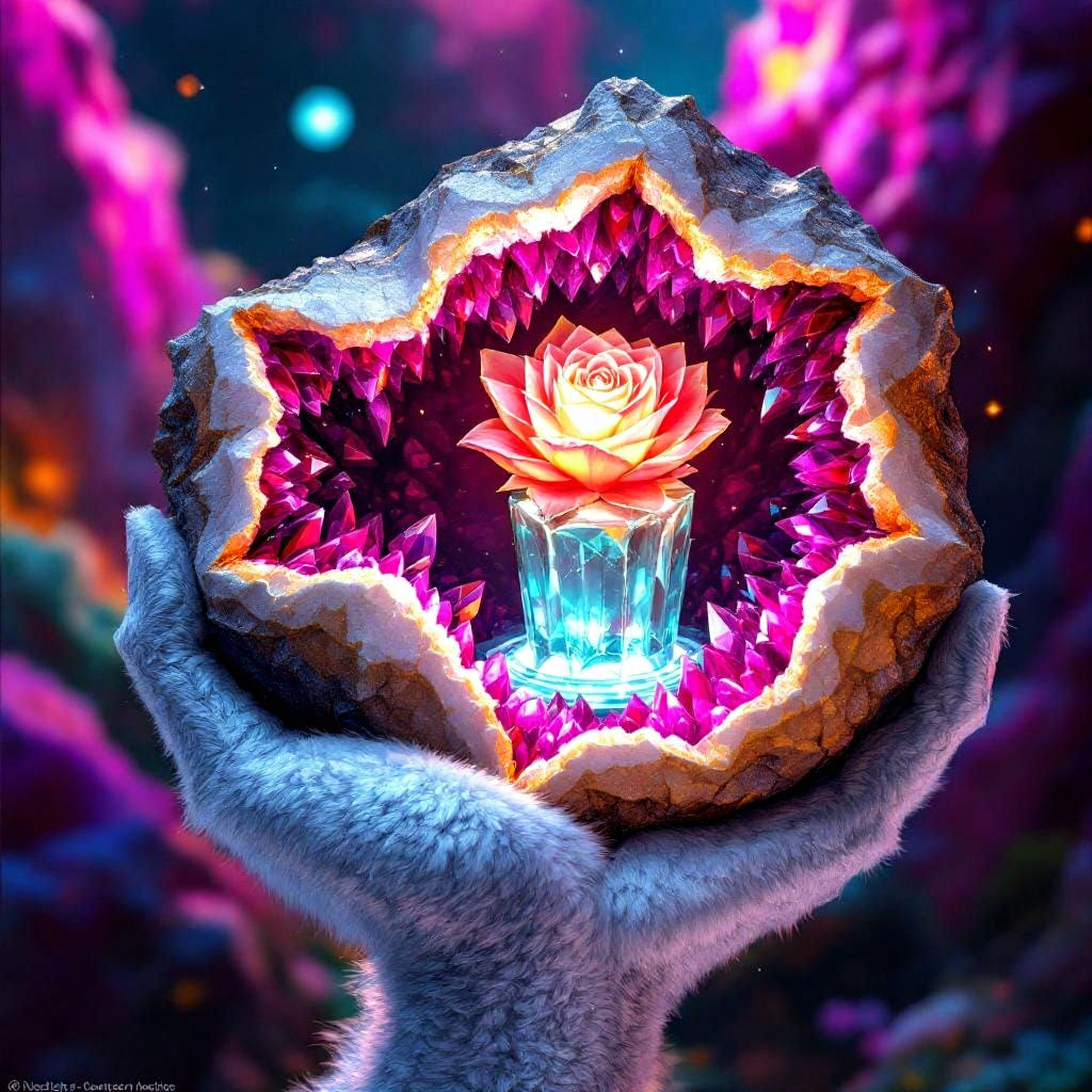 Hyperrealistic Fox Discovering Crystal Rose in Geode