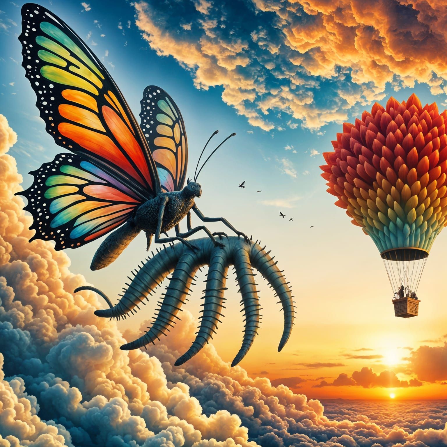 Surreal Butterfly-Dragon Hybrid Lands on Flower Balloon