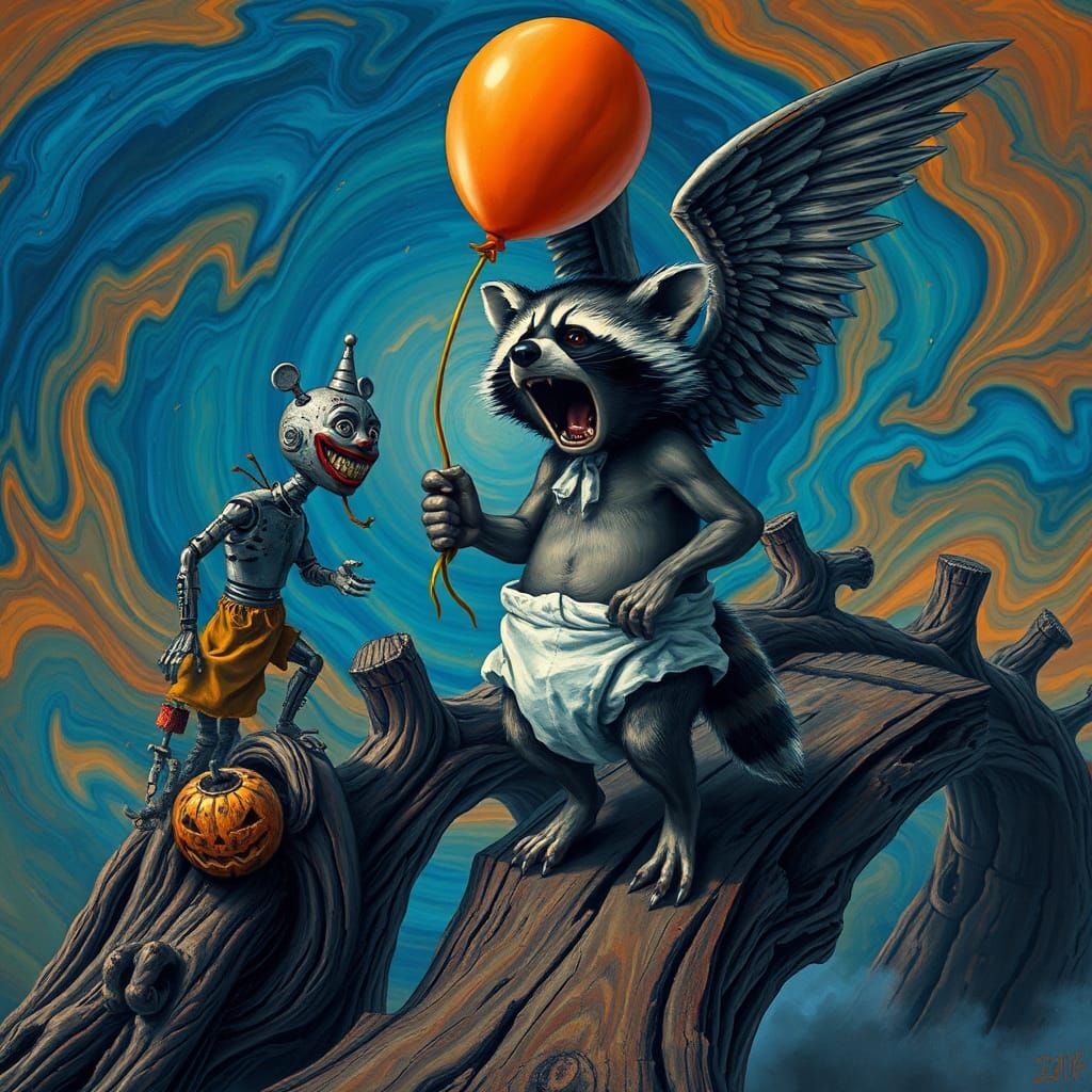Winged Raccoon's Existential Scream in Surreal Style