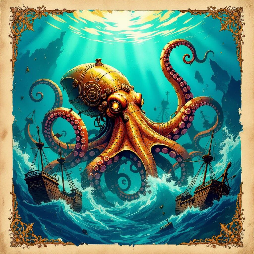 Steampunk Kraken Rising: Golden Age Illustration