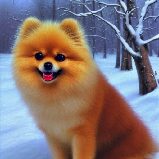 Pomeranian Dog Portrait in Snow, Realistic Oil Painting