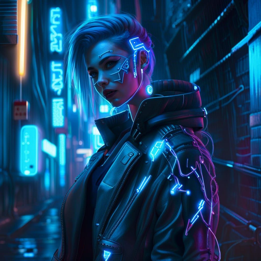 Cyberpunk Alleyway with Neon Lights and Cybernetic Woman