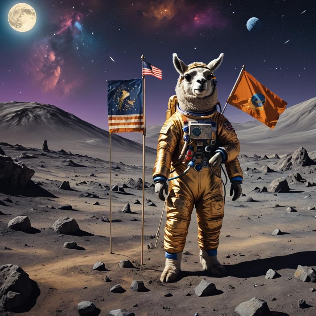 Llama Astronaut on Moon in Matte Painting Style