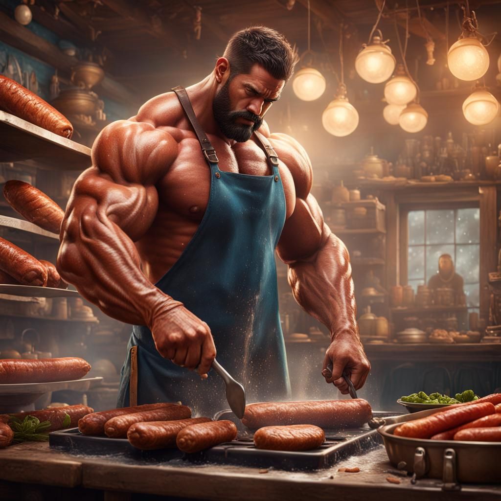Beefy Muscle God Washing Sausages: Detailed Matte Painting