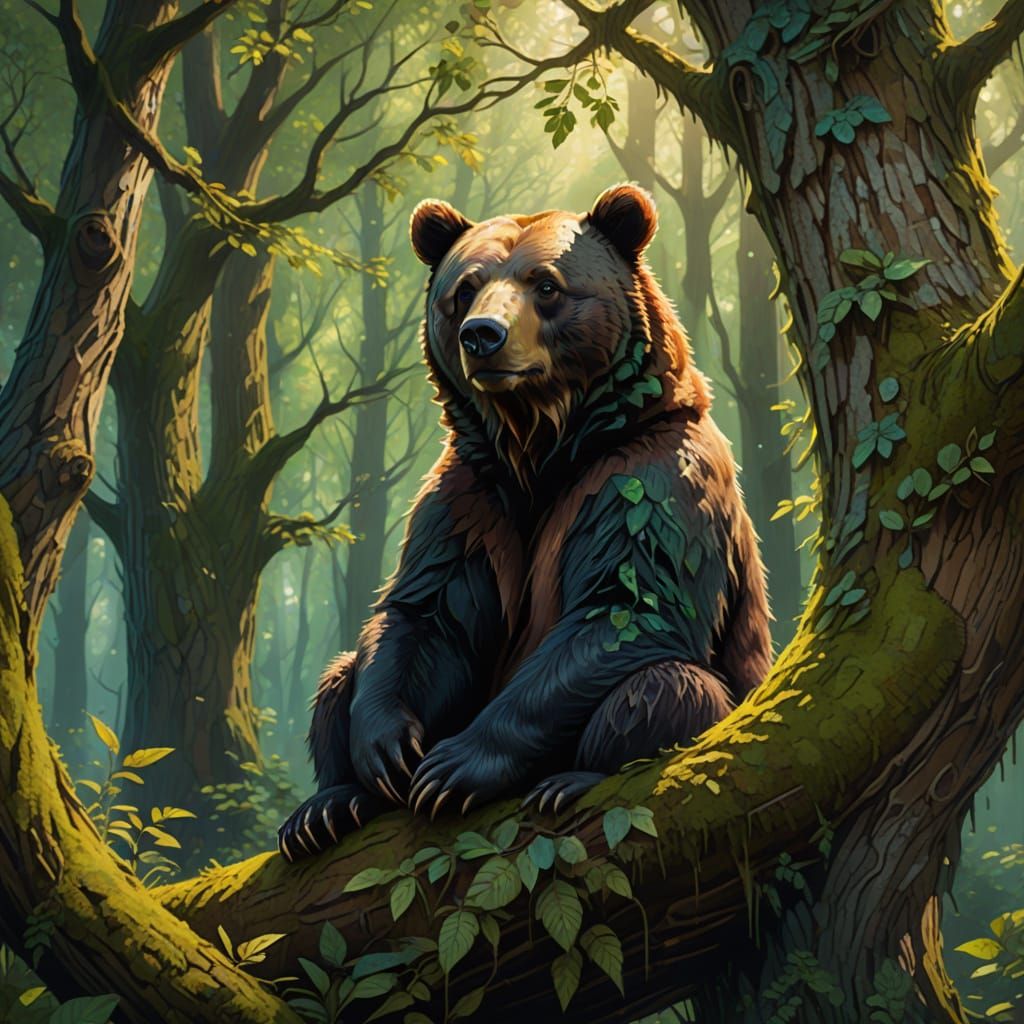 Vibrant Digital Painting Of Bear In Tree