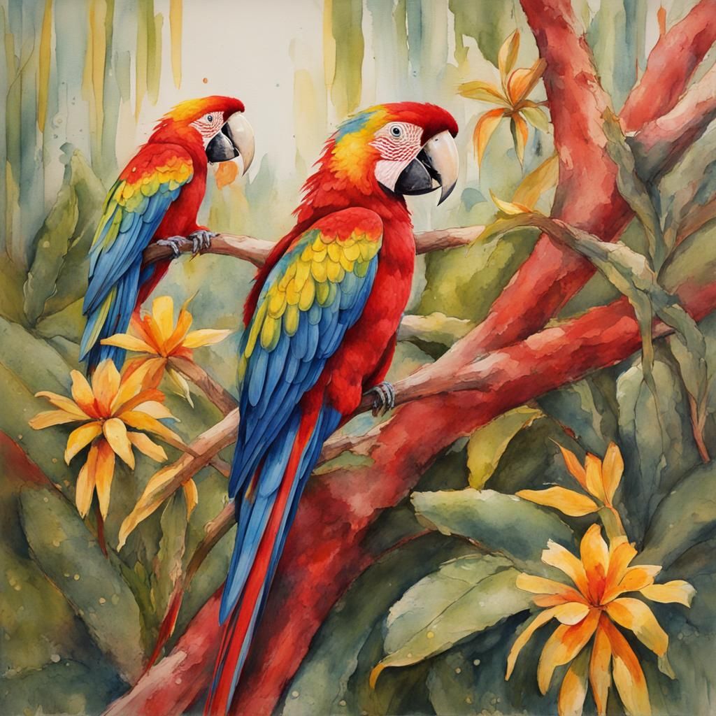 Scarlet Macaw and Welwitschia in Watercolour Style