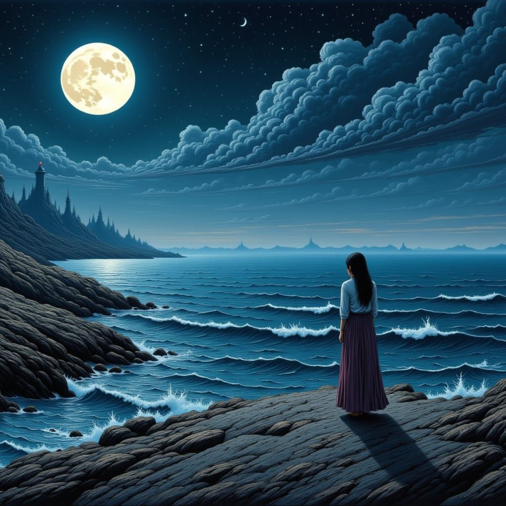 Ethereal Woman Gazes at Moonlit Seascape